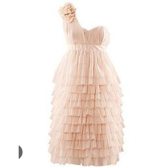 H&M One Shoulder Tiered Ruffle Pink Tulle Dress Medium Boho Bridesmaid Pastel - Picture 1 of 5